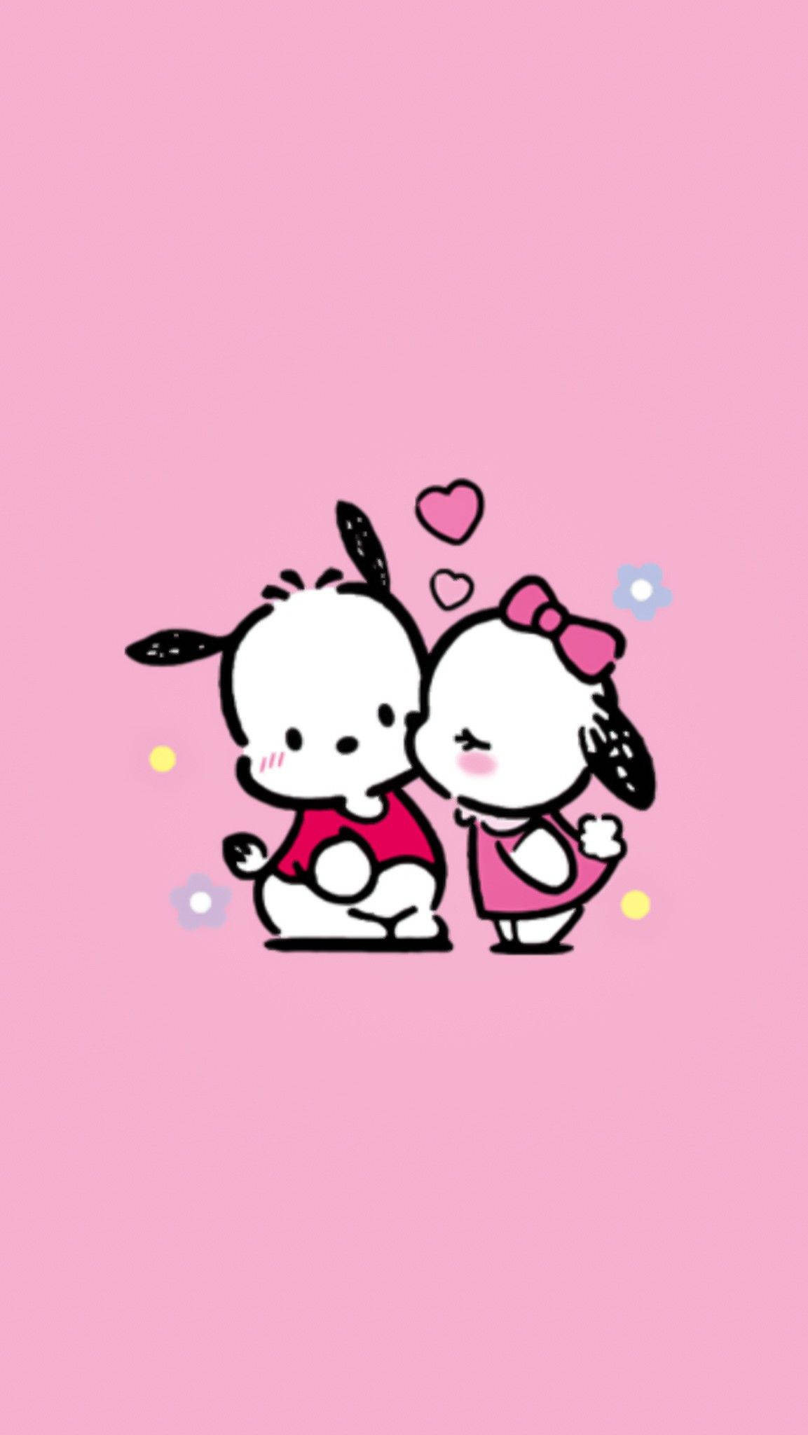 Pochacco 與 Pochamii 壁紙 — 兩隻可愛嘅卡通狗仔着住粉紅色衫，喺柔和粉紅色背景上攬住，周圍有心形飄浮。