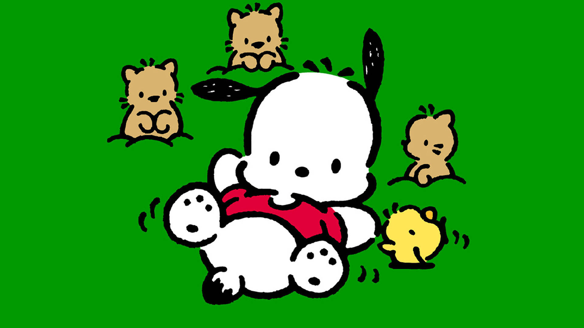 Pochacco 與朋友們 壁紙 — 一隻穿著紅色襯衫的卡通小狗坐在純綠色背景上，周圍環繞著小貓和小雞。