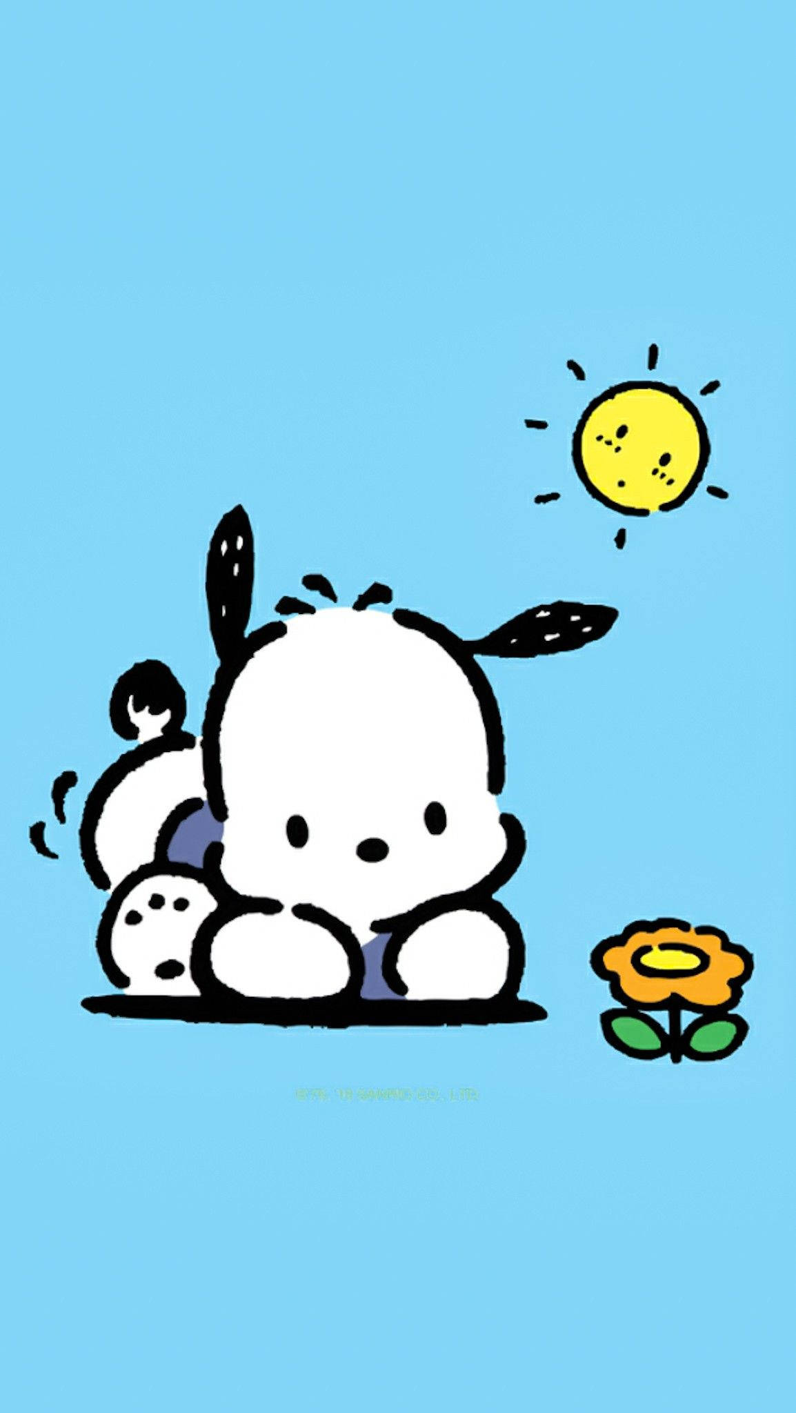 Pochacco 與橙色花朵及太陽 壁紙 — 一隻可愛的白色卡通狗，有黑色耳朵，坐在藍色背景上，在微笑的太陽下，旁邊有一朵黃色的花。
