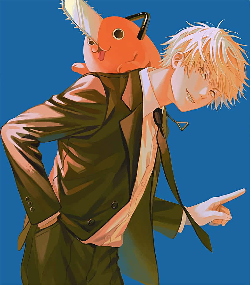 Pochita 站肩 Chainsaw Man 頭像 壁紙 — 一個穿著綠色西裝的開朗動畫男孩向前指，一隻鏈鋸頭兔子棲息在他的肩膀上，背景是純藍色。