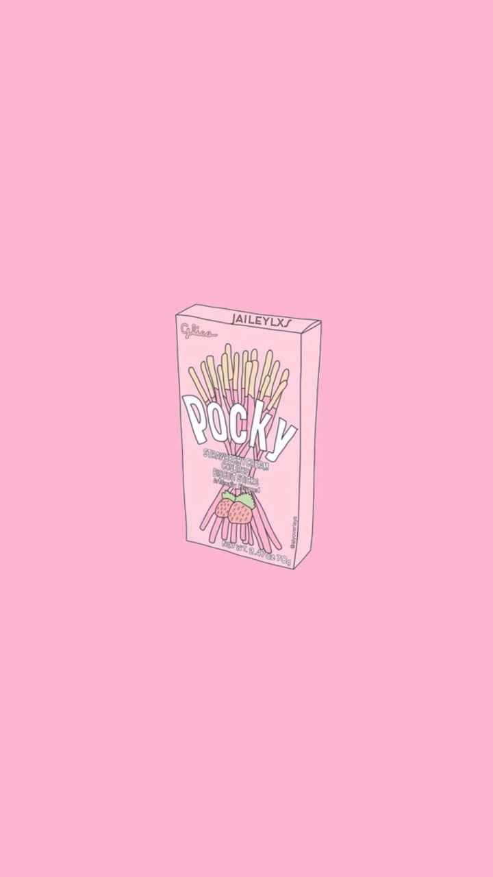 柔和粉紅動漫美學 Pocky 壁紙 — 一個粉紅色士多啤梨味Pocky盒嘅極簡插圖，置中喺純色粉彩粉紅背景上。