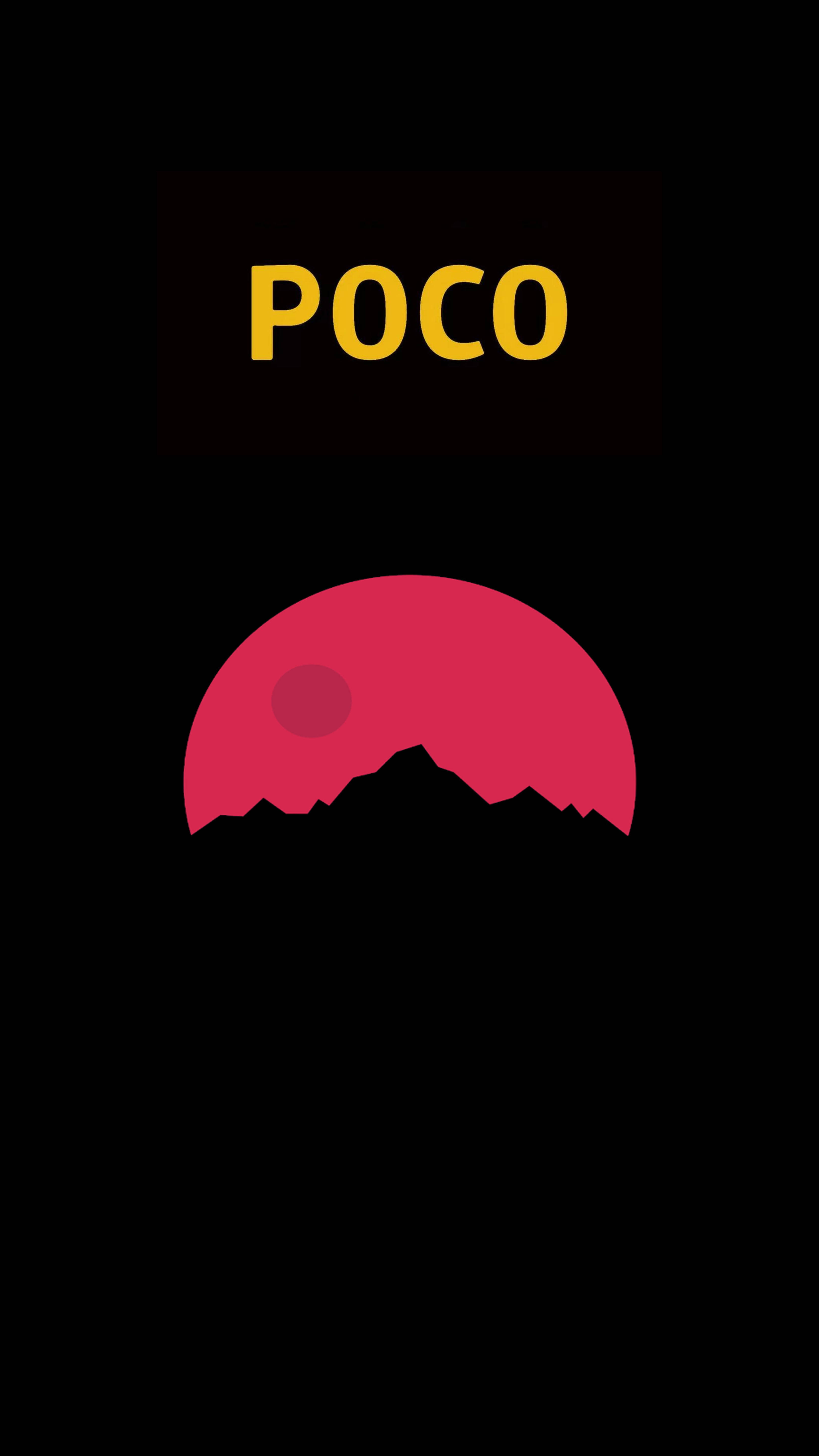 POCO X2 紅月 壁紙 — 在純黑色背景上，黑色山脈剪影後方有粉紅色夕陽，上方有粗體黃色POCO文字。