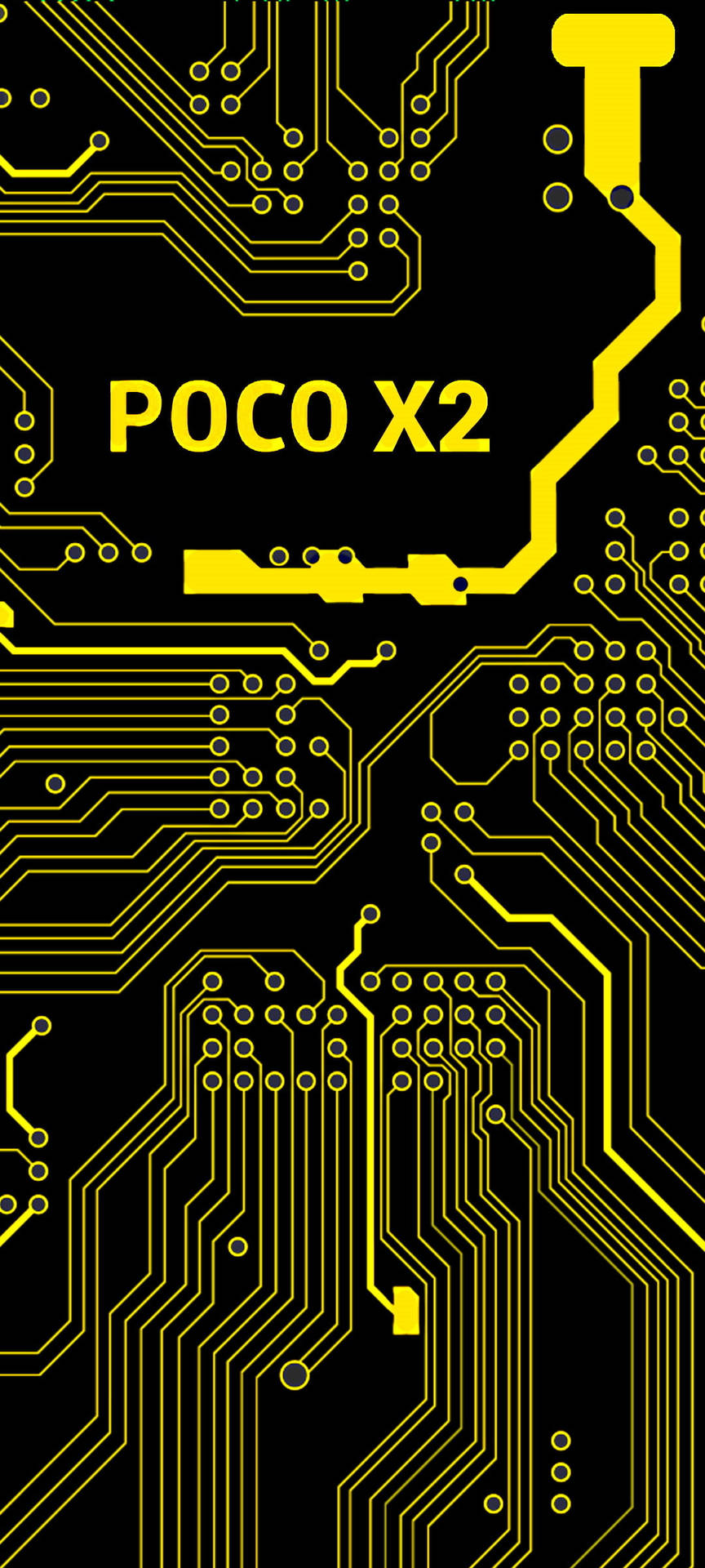 黑色背景上帶有POCO X2文字嘅黃色電路板設計。