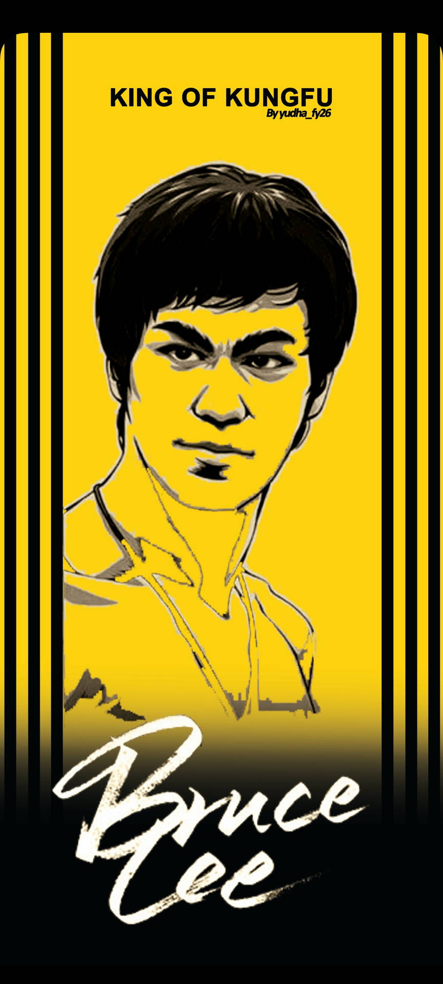 李小龍肖像插圖，黃色背景上帶有「King of Kung Fu」文字。