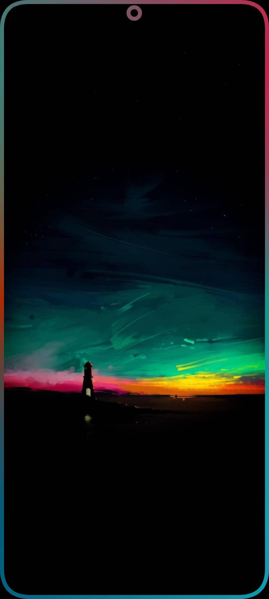 夜晚色彩繽紛的極光天空下的燈塔