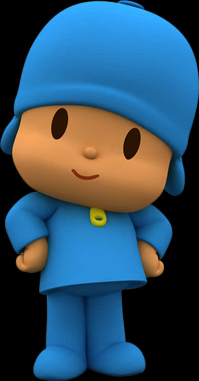 Pocoyo 3D角色肖像 壁紙 — 一個穿著藍色衣服和帽子的開朗卡通角色站在黑色背景前。