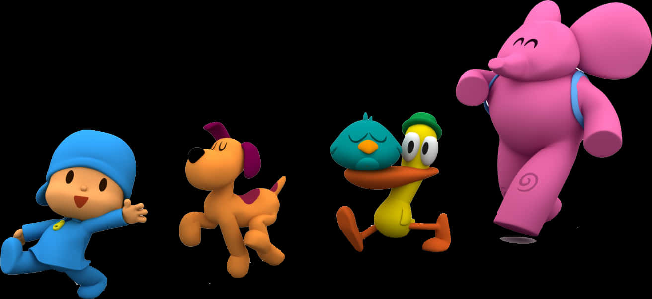 Pocoyo 及其朋友動畫角色 壁紙 — 四個色彩繽紛的3D卡通角色在黑色背景上歡快地奔跑。