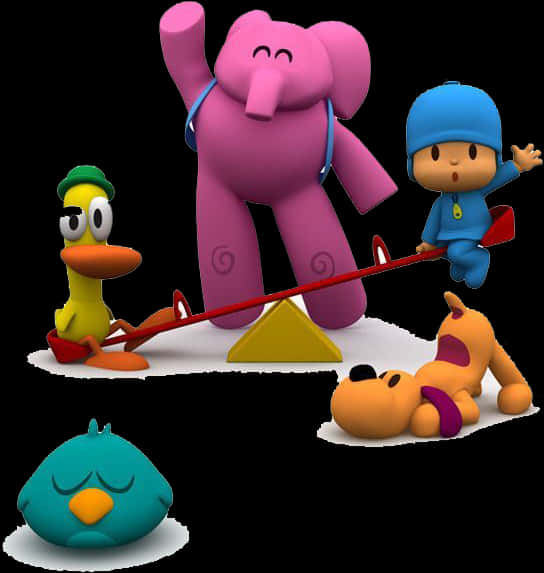 Pocoyo 與朋友玩耍 壁紙 — 卡通角色包括Pocoyo和一隻粉紅色大象，在雪地上與鴨子和狗玩蹺蹺板。
