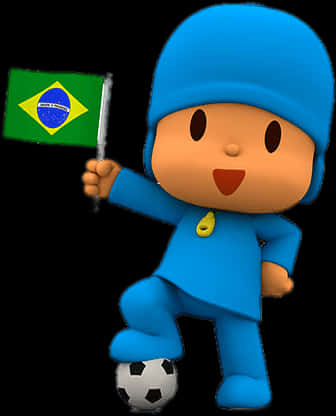 Pocoyo 巴西球迷 壁紙 — 一個開心的藍色卡通角色在黑色背景上踢足球，同時自豪地揮舞巴西國旗。