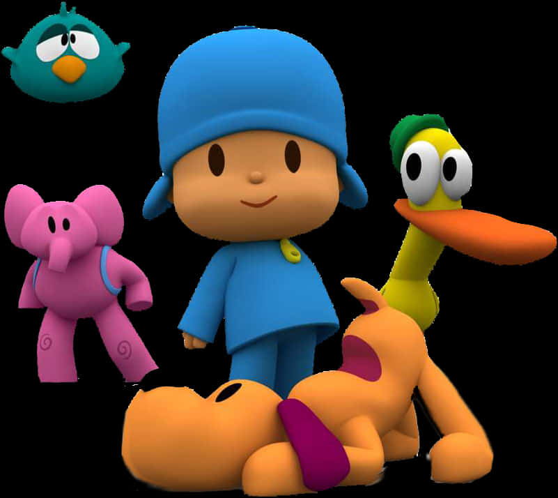 Pocoyo 及其朋友角色 壁紙 — 一個戴藍色帽子和穿藍色衣服的開朗卡通男孩，在黑色背景前被色彩繽紛的動畫動物朋友包圍。