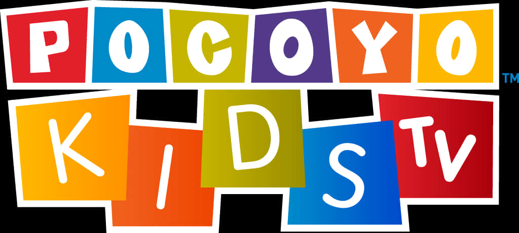 Pocoyo Kids TV 標誌 壁紙 — Pocoyo Kids TV 嘅鮮豔多彩標誌，黑色背景上有多色塊配上粗體白色字母。