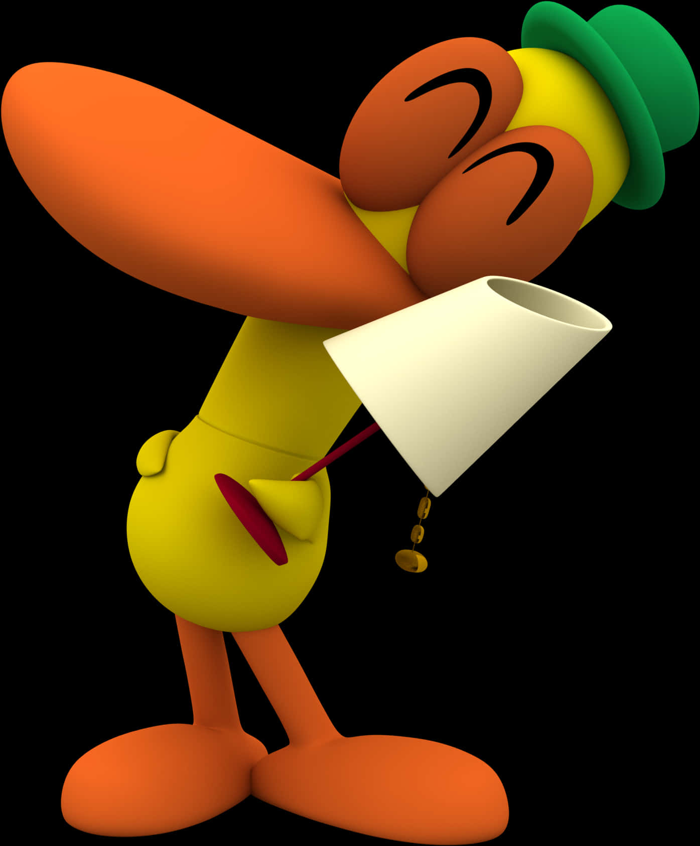 Pocoyo Pato 拿擴音器玩樂 壁紙 — 一隻戴著綠色帽子的開心3D卡通鳥拿著擴音器，硬幣從中掉出，背景為黑色。