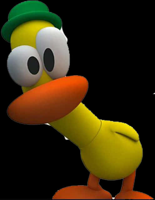 Pocoyo 角色 Pato 站立 壁紙 — 一隻鮮黃色卡通鴨，戴著綠色帽子和橙色喙，站在黑色背景前。