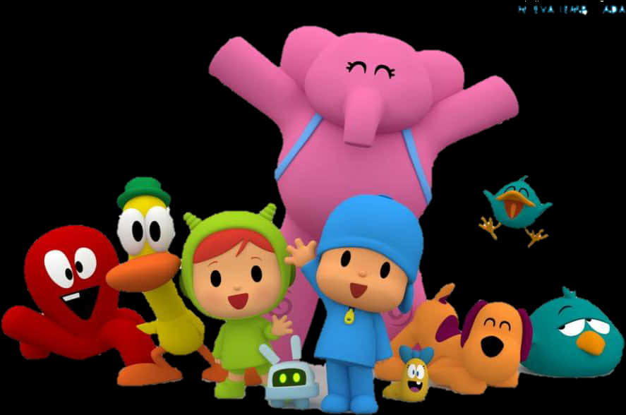 Pocoyo 與朋友群像 壁紙 — 一群色彩繽紛的卡通角色，包括Pocoyo和朋友們，在黑色背景前開心地擺姿勢。