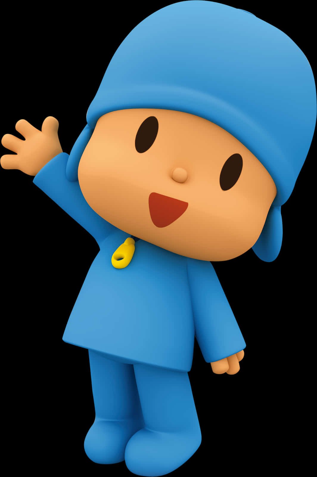 Pocoyo 招手問好 壁紙 — 一個身穿藍色連帽衫的卡通角色在黑色背景前開心地揮手。