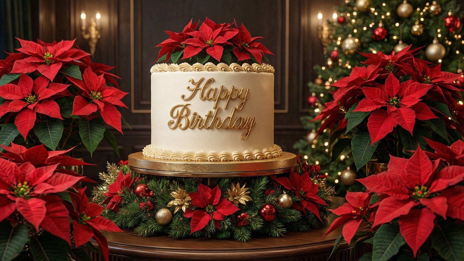一個有金色字體的生日蛋糕，被聖誕紅和聖誕樹環繞。