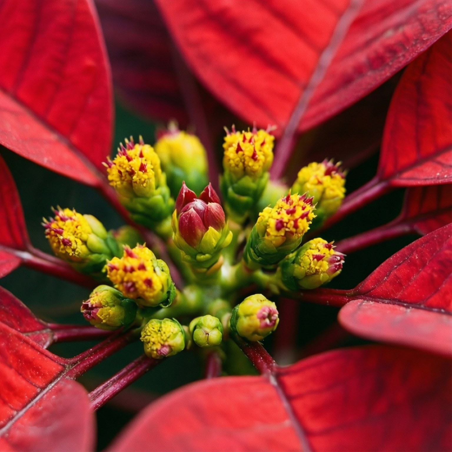 聖誕紅特寫，紅色苞片和黃綠色花蕾