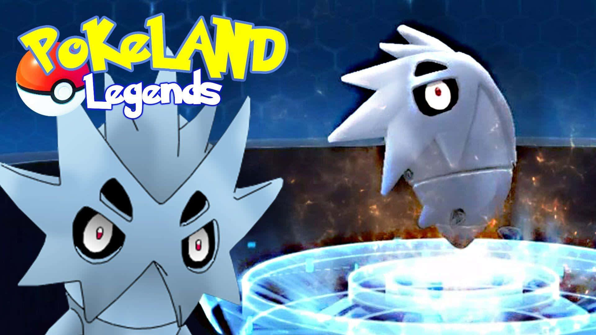 PokéLand Legends Pupitar 演化 壁紙 — 兩隻冰屬性寶可夢在黑暗六角形天空下，於發光競技場中對峙，背景熾熱。
