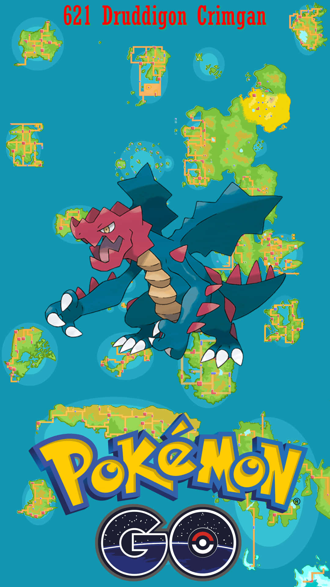 Pokémon GO Druddigon 推廣藝術作品 壁紙 — 一隻兇猛的藍色和紅色Dracozolt寶可夢在青綠色背景上動態咆哮，背景散落著地圖碎片和Pokémon GO標誌。