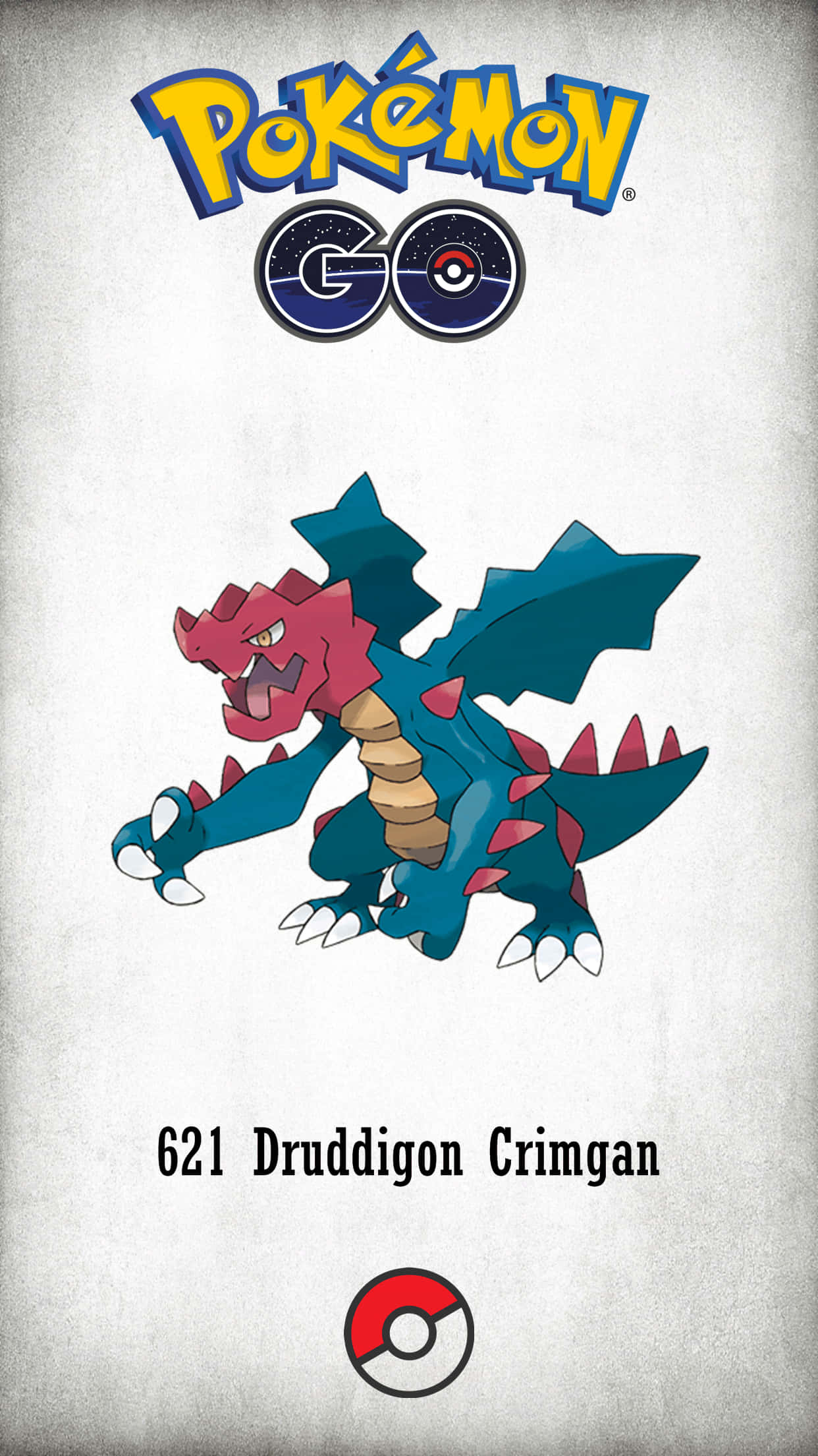 Pokémon GO Druddigon 推廣藝術 壁紙 — 一隻風格化的藍紅龍系寶可夢Drudigon在帶有Pokémon GO品牌的紋理灰色背景上動態擺姿勢。
