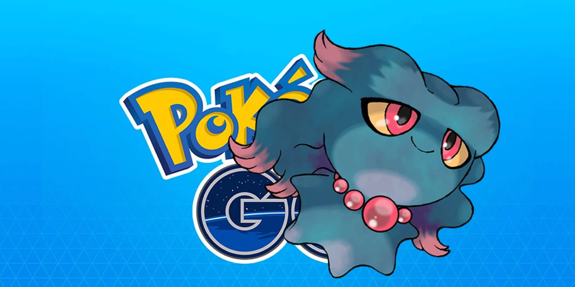 藍色寶可夢角色，有紅色眼睛和珍珠項鍊，旁邊是 Pokémon GO 標誌。