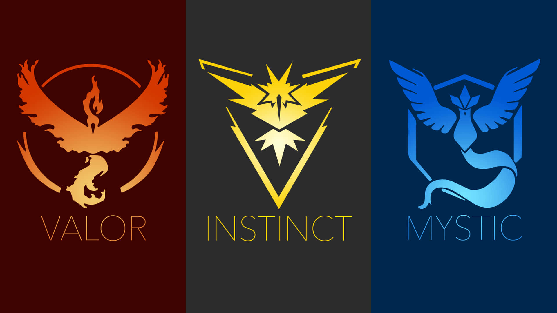 三個 Pokémon Go 隊伍標誌 Valor、Instinct 和 Mystic，採用其標誌性顏色。