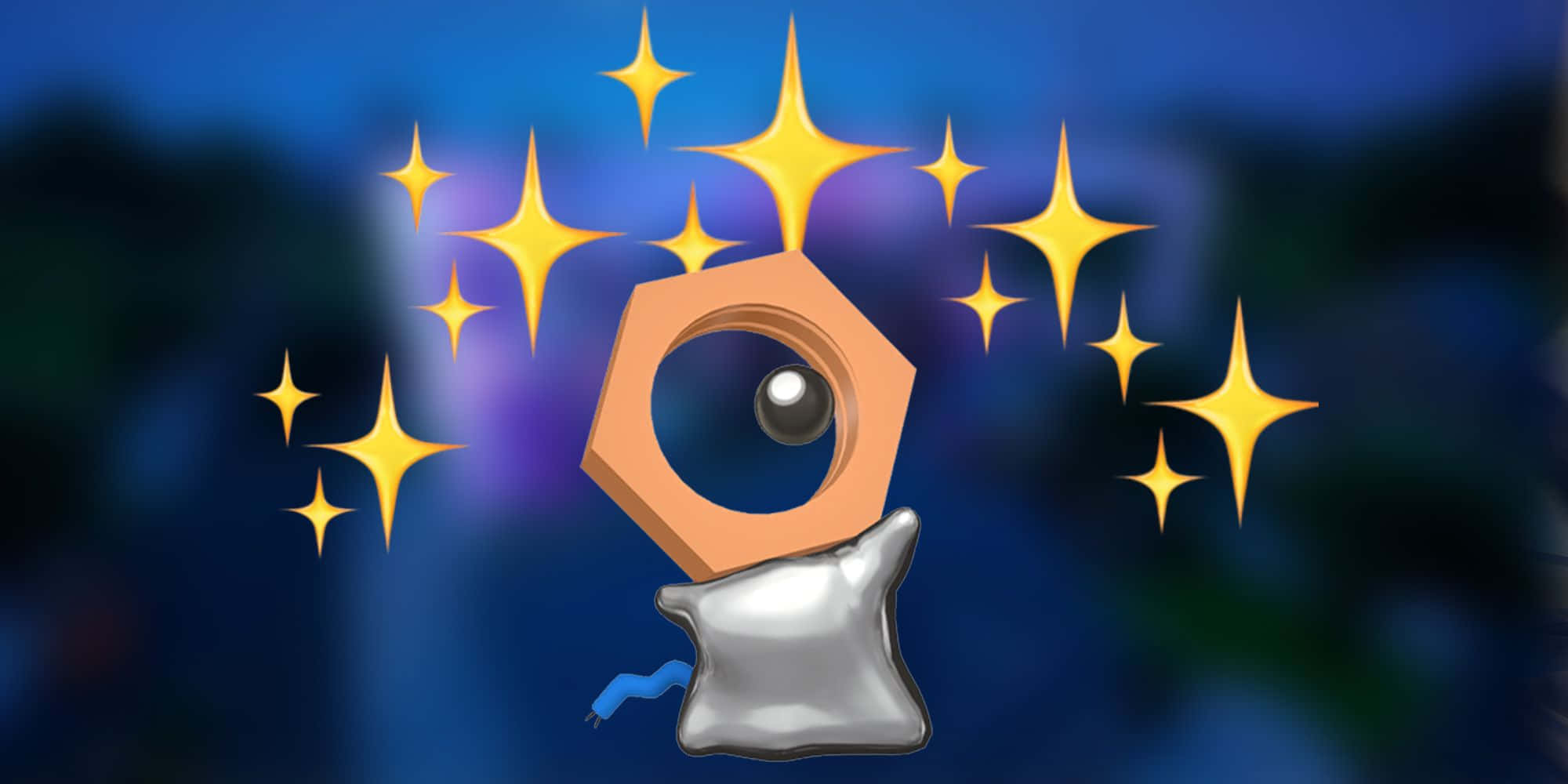 Pokémon Go 中閃耀的 Meltan 壁紙 — 一個發光的六邊形眼睛，帶有銀色枕頭底座和黃色星星漂浮在深藍色背景上。