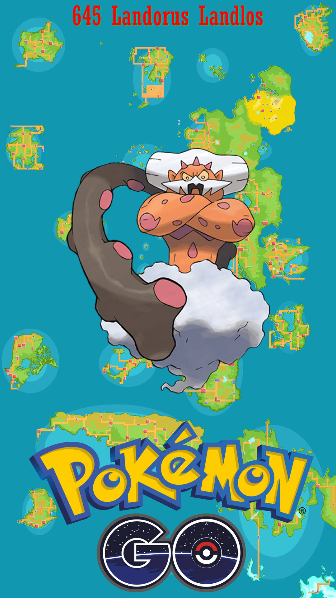 Landorus 寶可夢角色漂浮在雲上，帶有遊戲地圖碎片和 Pokémon GO 標誌。