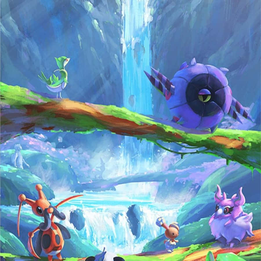 Pokémon GO 加載畫面中的克里克圖恩 壁紙 — 充滿活力的動漫風格寶可夢聚集在茂密奇幻峽谷的瀑布附近。