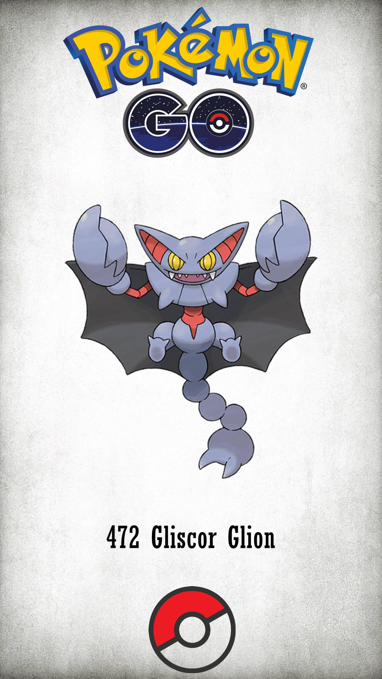 Pokémon Go 古茲馬 壁紙 — 來自Pokémon GO的風格化Gliscor寶可夢卡，帶有粗體文字和精靈球標誌，背景有紋理。