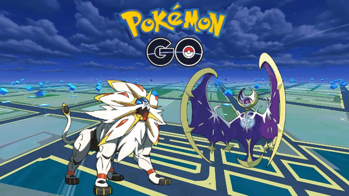 Pokémon Go 地圖上的索爾迦雷歐與露娜拉 壁紙 — 兩隻雄偉的寶可夢，索爾迦雷歐和露奈雅拉，站在幾何平台上，上方是風暴天空和Pokémon GO標誌。