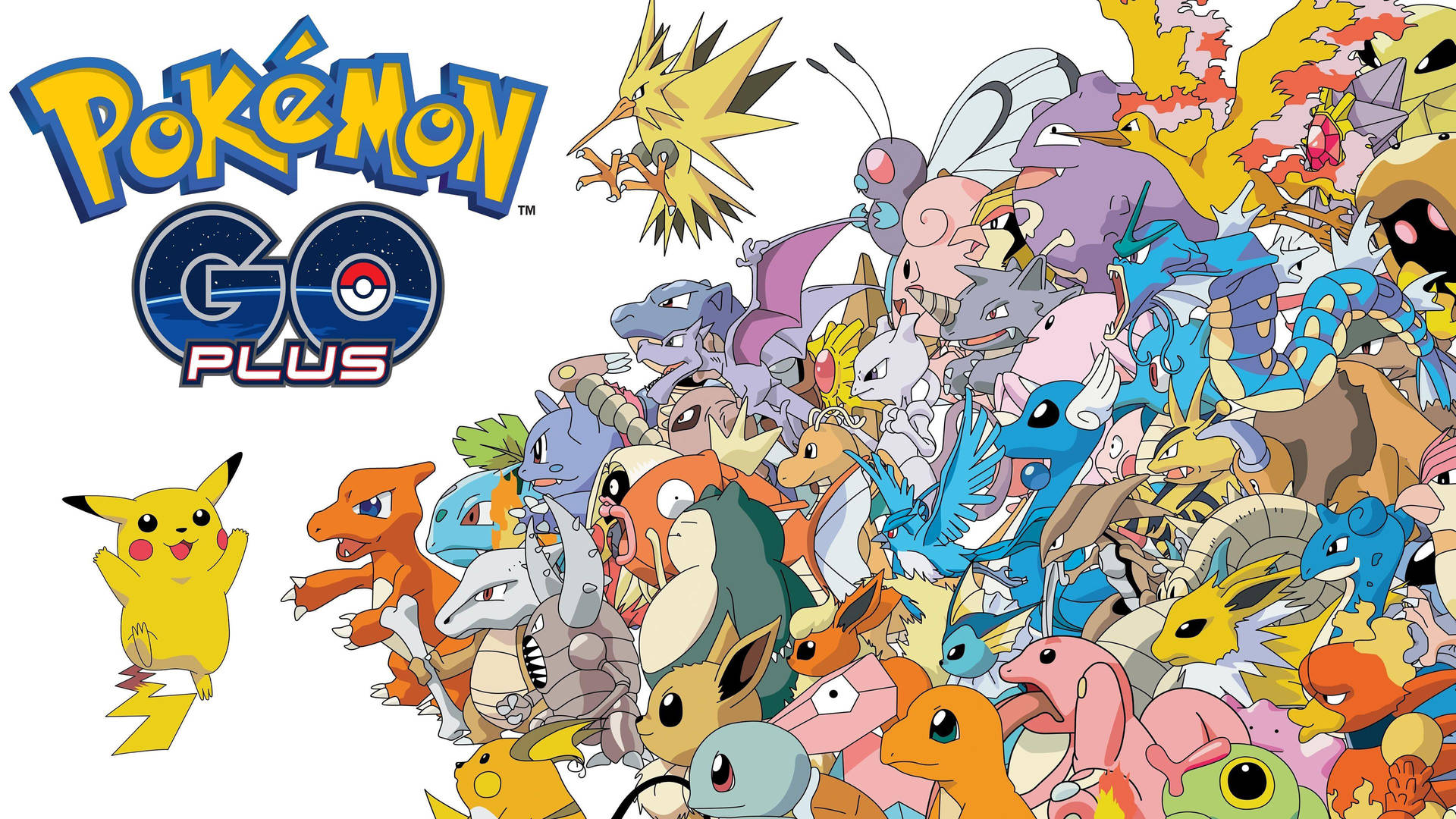 帶有皮卡丘和一群寶可夢角色的 Pokémon GO Plus 標誌。