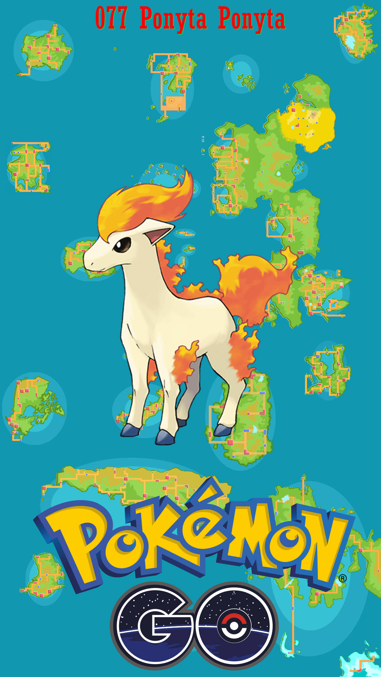 Pokémon Go 紫色小馬遊戲卡 壁紙 — 一匹火熱的白色小火馬自豪地站在一個飾有散落 Pokémon GO 地圖碎片的青綠色背景前。