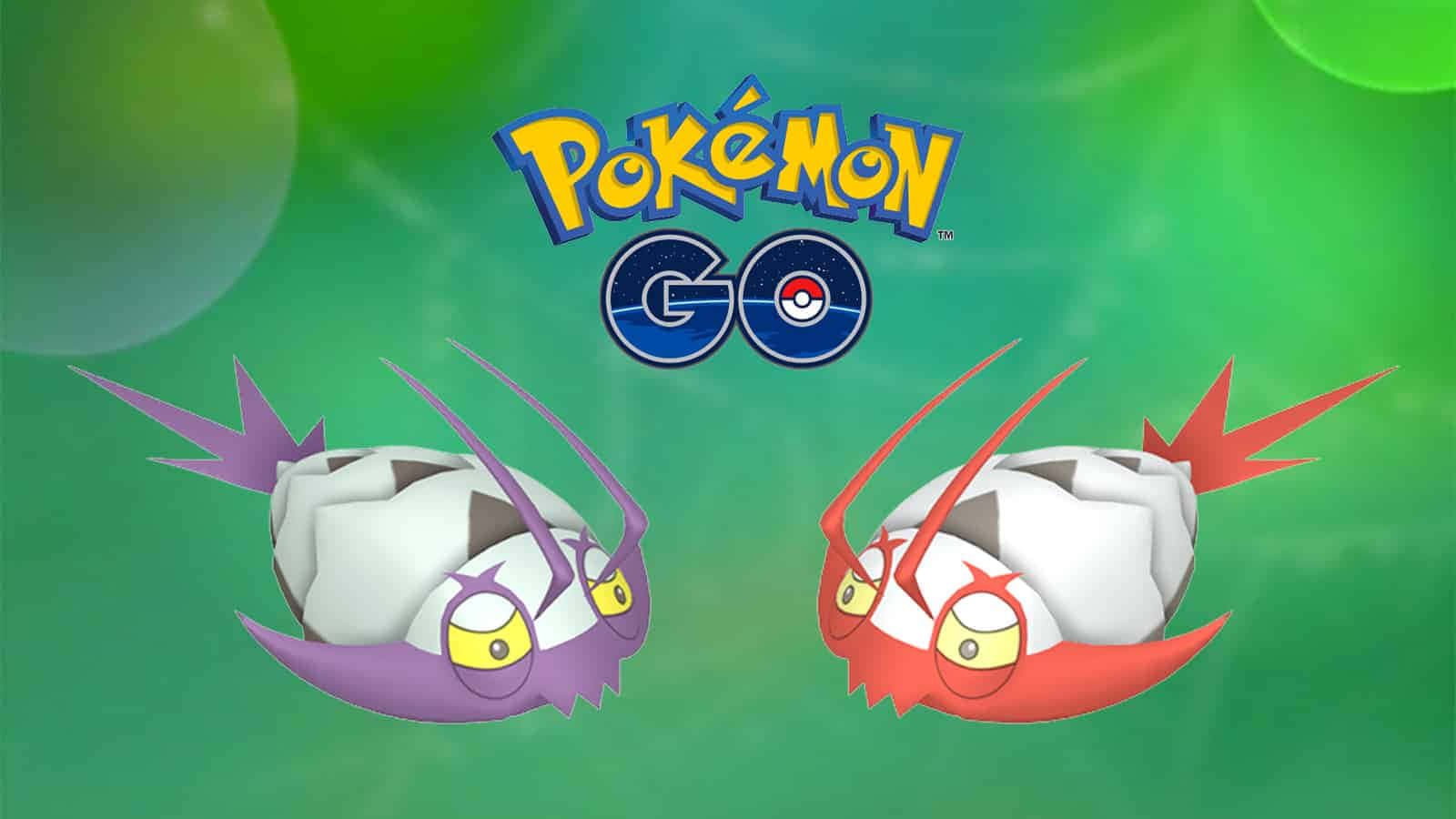 兩個帶有紫色和紅色點綴的Pokémon Go角色，背景為綠色。