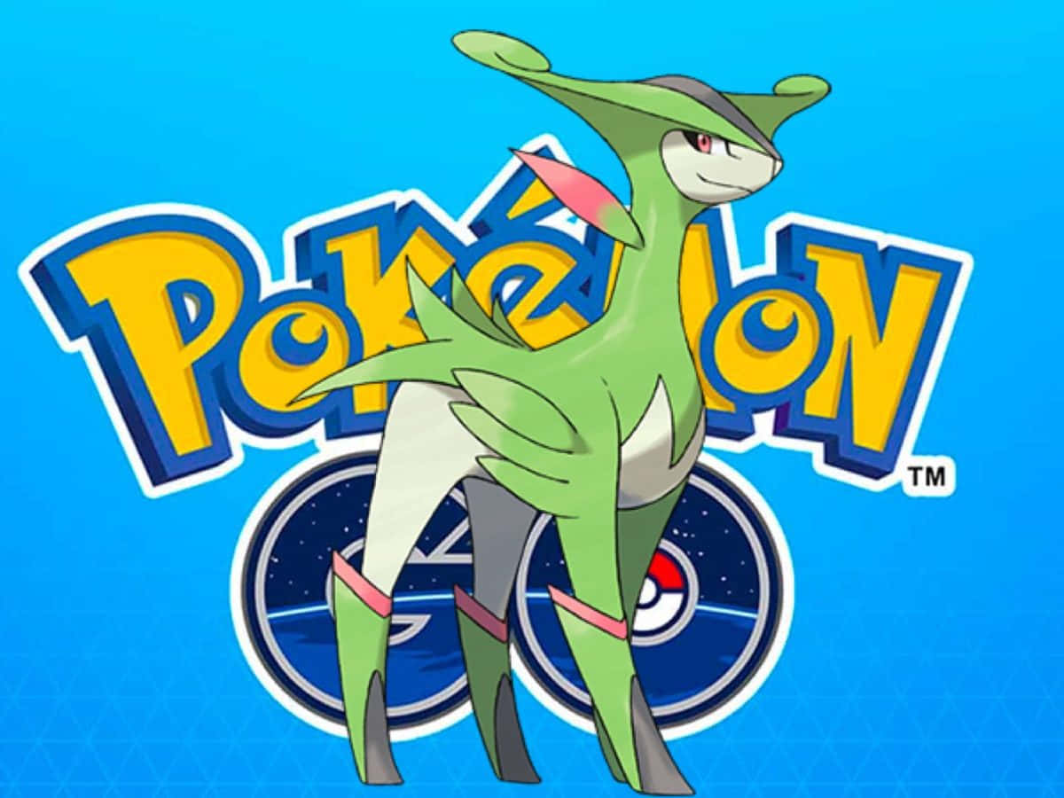 沙奈朵寶可夢角色站在藍色背景上的 Pokémon GO 標誌前。