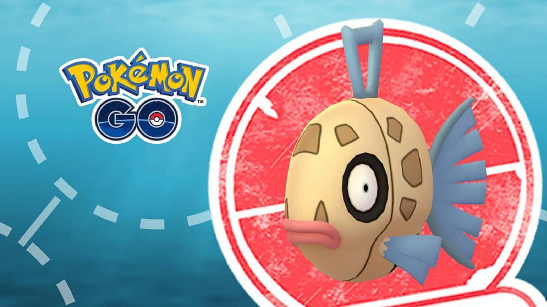 一個 Pokémon Go 遊戲角色，有藍色鰭和粉紅色嘴巴，在紅色圓圈內。