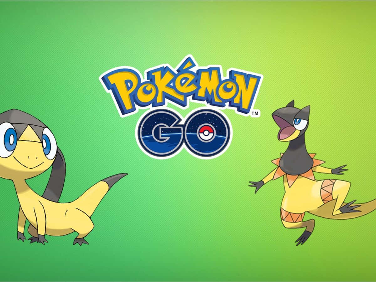 Pokémon Go中的Helioptile與Heliolisk 壁紙 — 兩個寶可夢角色喺充滿活力嘅綠色漸變背景上，喺 Pokémon GO 標誌兩側。