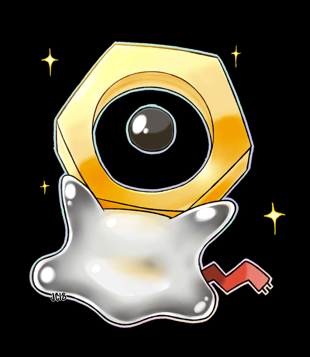 Pokémon Go中的閃亮Meltan 壁紙 — 一個卡通風格嘅寶可夢，有金色六角形頭同一個大眼，喺黑色背景上漂浮，帶有黃色閃光。