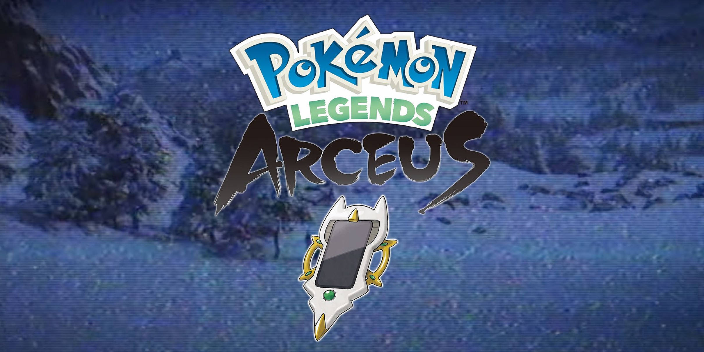 Pokémon Legends Arceus 弧形手機 壁紙 — Pokémon Legends Arceus 標題標誌，配以手提裝置，背景係白雪覆蓋嘅山脈，夜空繁星點點。