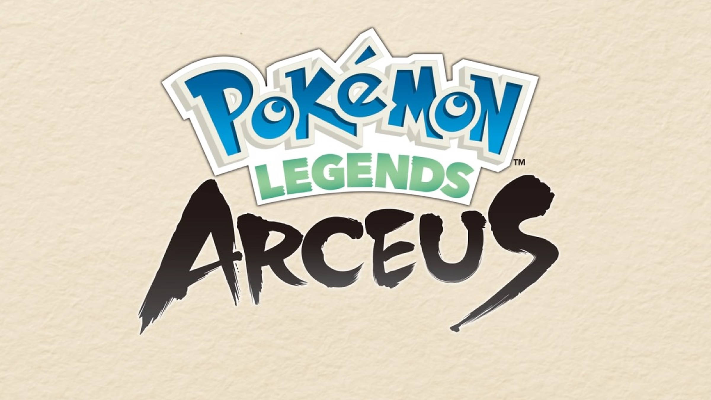 Pokémon Legends Arceus 白色海報 壁紙 — 《寶可夢傳說 阿爾宙斯》標誌以粗體藍色和綠色文字搭配黑色筆觸風格，印在帶有紋理的米色紙上。