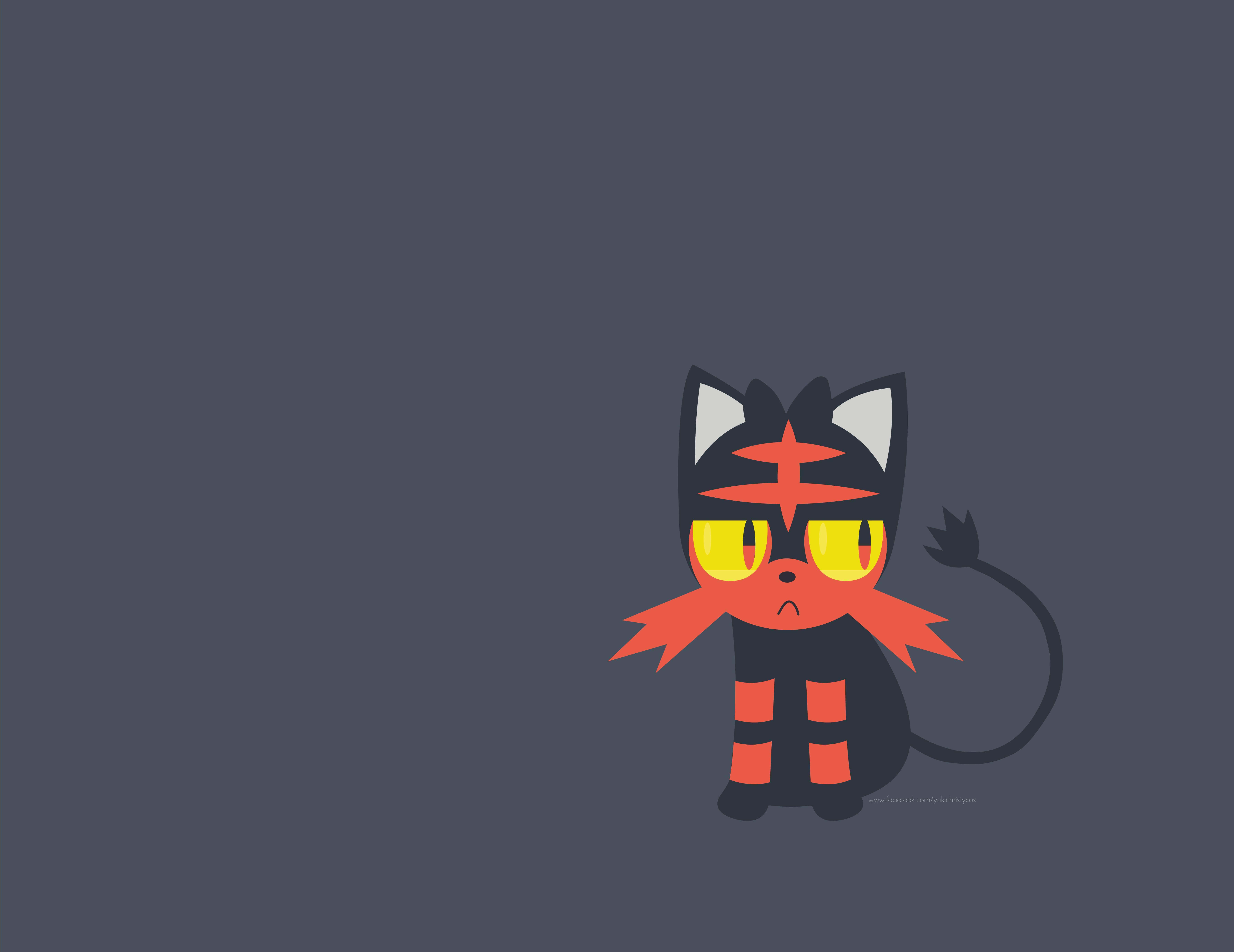 Pokémon Litten 的熾熱貓科凝視 壁紙 — 一隻風格化的黑橙色卡通貓，黃色眼睛，坐在純深灰色背景中央。