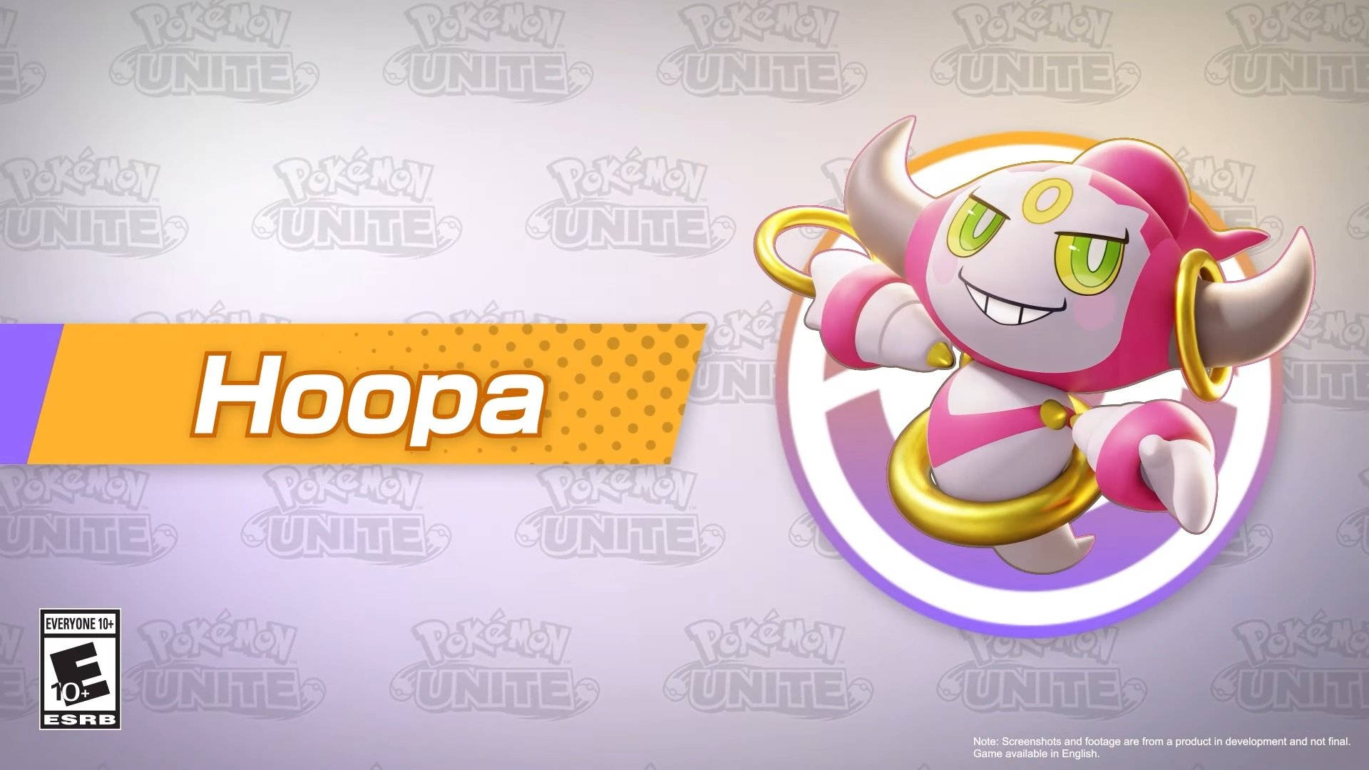 《Pokémon Unite》遊戲中的拘束霍帕 壁紙 — 一隻快樂的粉紅色和白色胡帕，帶有金色環和綠色眼睛，在淺紫色背景上自信地擺姿勢，背景上有重複的 Pokémon Unite 標誌。