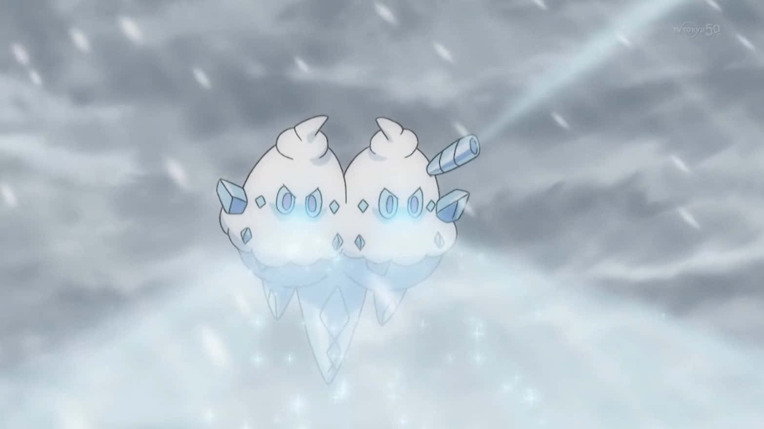 Pokémon 动畫中的 Vanilluxe 壁紙 — 兩隻冰屬性寶可夢在陰天下飄浮於飄落的雪花和發光粒子之間。