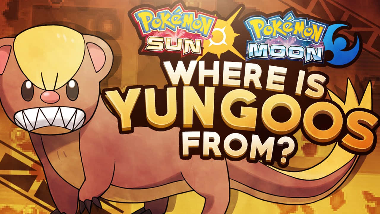 Pokémon 太陽與月亮 Yungoos 壁紙 — 來自《寶可夢 太陽／月亮》的卡通貓鼬少在溫暖的像素化背景前憤怒地擺姿勢，並以粗體文字詢問牠來自哪裡。