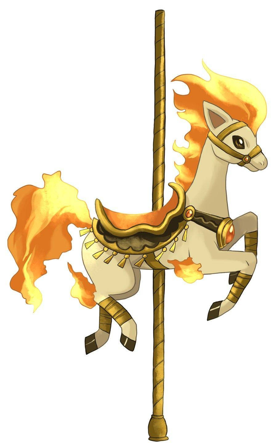 Pokémon 紫色小馬旋轉木馬 壁紙 — 一匹卡通風格的白馬，帶有火焰般的橙色鬃毛和尾巴，站在一根裝飾著華麗馬鞍和火焰圖案的金色柱子上。