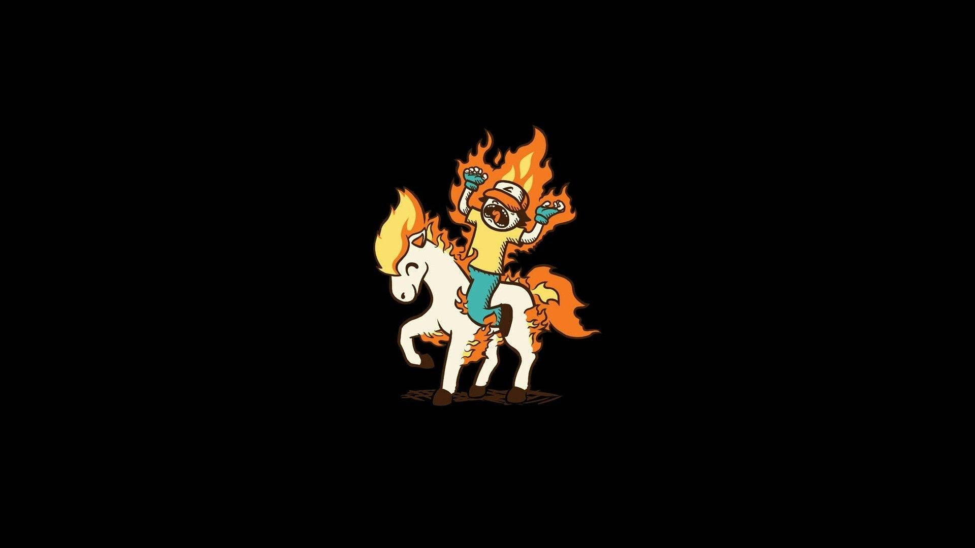 Pokémon 紫色小馬與小智 壁紙 — 一個卡通角色頭部噴出火焰，騎著一匹同樣被火焰吞噬的白馬，背景為黑色。