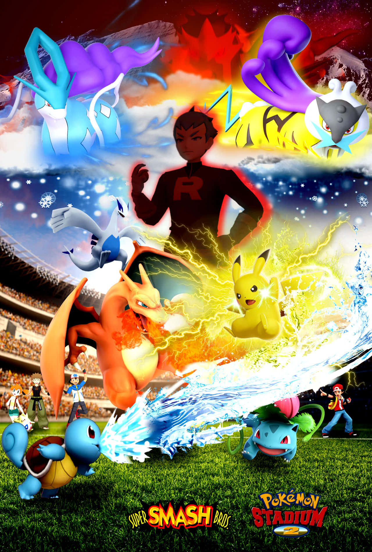 Pokemon Stadium 桌布 壁紙 — Pokémon 角色在體育館中，在火紅的天空下以電擊和水系攻擊戰鬥。