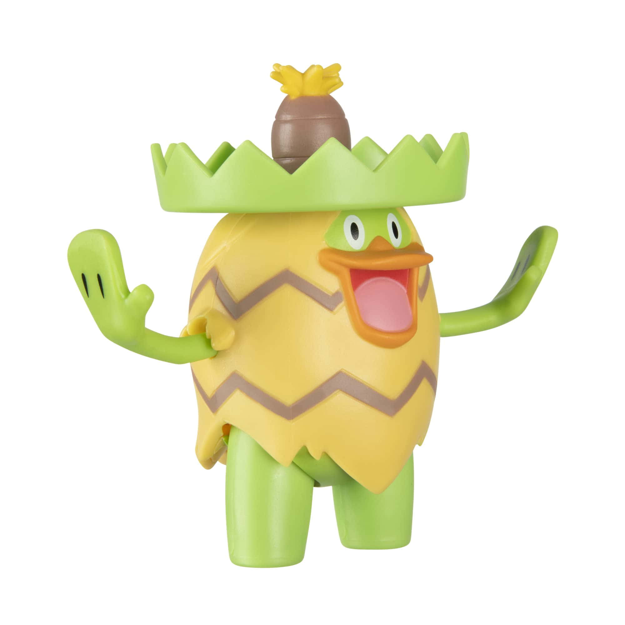 Pokémon戰鬥人偶Ludicolo 壁紙 — 一隻快樂的黃綠色卡通鴨子狀生物，戴著鋸齒狀的綠色皇冠，頂部為棕色。