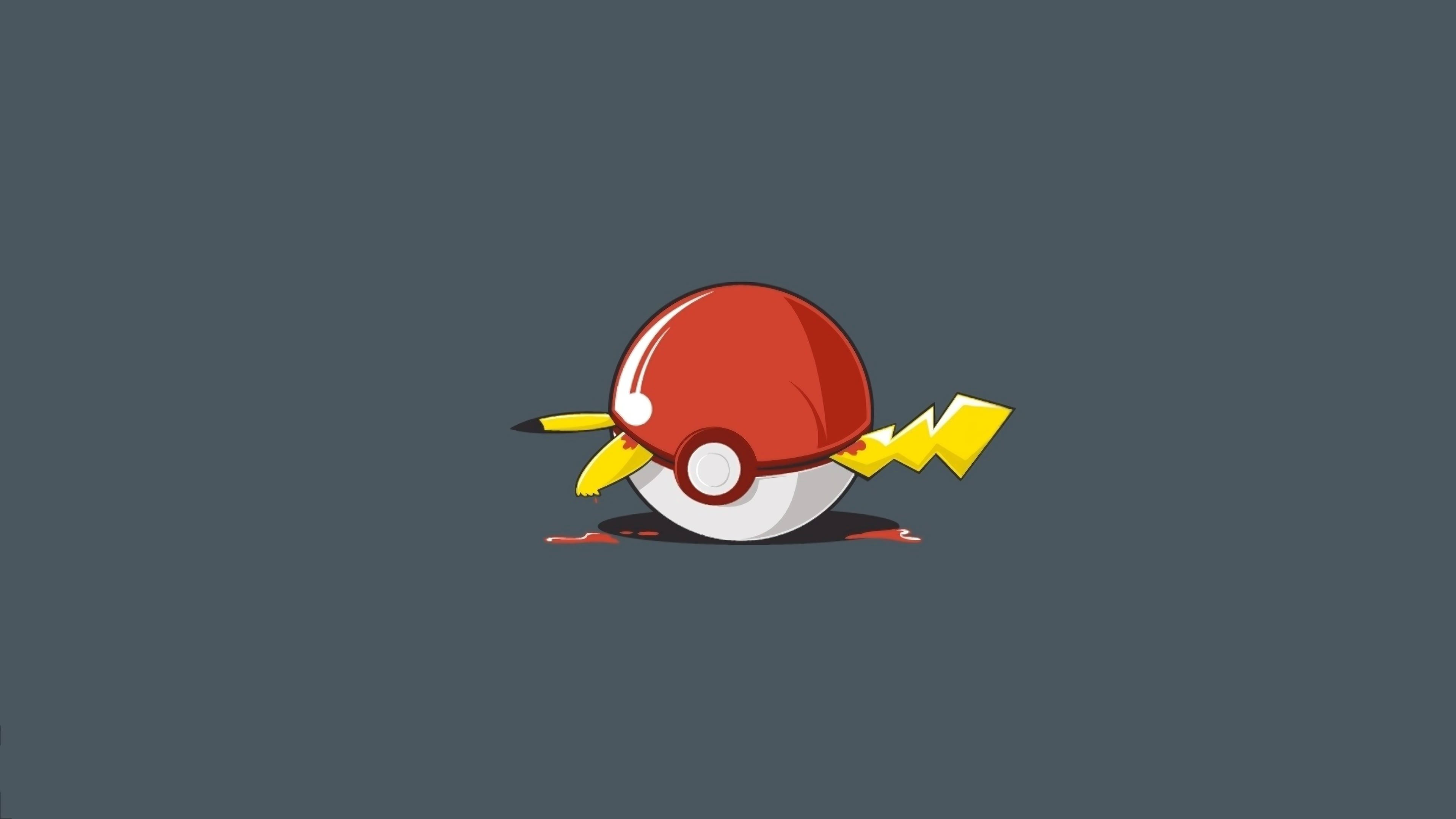 皮卡丘在 Pokeball 寶可夢 4K 壁紙 — 一個風格化的紅白精靈球，帶有黃色閃電和比卡超耳朵，背景為深灰色。