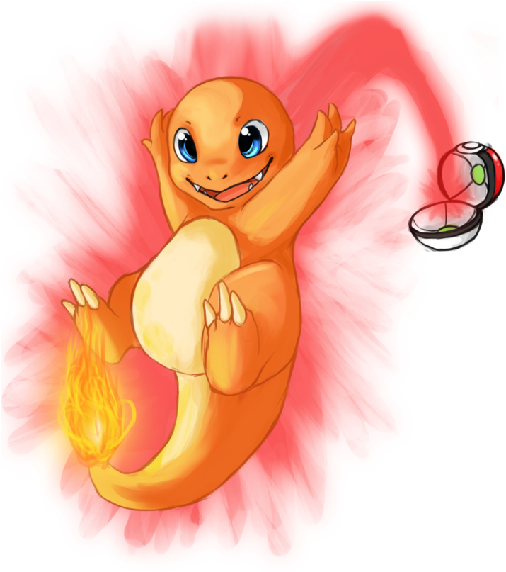 手持 Pokéball 的小火龍寶可夢 壁紙 — 一隻快樂的橙色小火龍，藍色眼睛，尾巴有火焰，在火紅背景上微笑揮手。